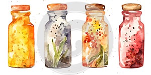 Watercolor Illustration Of Cosmetic Bottles With Aromatic Natural Remedy And Herbs