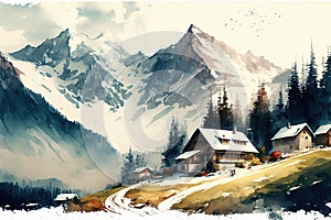 Watercolor illustration of a cottage in the famous beautiful Swiss Alps