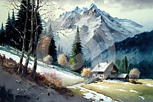 Watercolor illustration of a cottage in the famous beautiful Swiss Alps