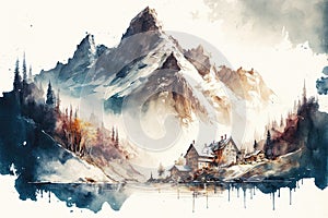 Watercolor illustration of a cottage in the famous beautiful Swiss Alps