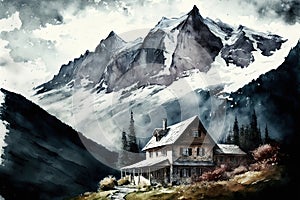 Watercolor illustration of a cottage in the famous beautiful Swiss Alps