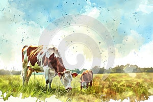 Watercolor illustration of a cow and calf grazing. Farm animals eat grass. AI Generated