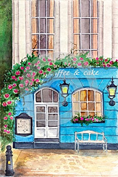 Watercolor illustration of a cozy blue coffee shop