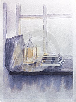 Watercolor illustration of a cozy window seat in gray tones