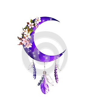 Watercolor illustration - crescent moon with stars, flowers and feathers. Boho vintage design for unusual fantasy tattoo