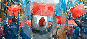 Watercolor illustration of a crowd with raised red empty placards. The vibrancy of civic engagement. Concept of