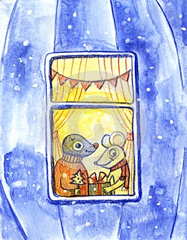 Watercolor illustration. Cute animal like humans. Humanized animal. Mouse and mole give each other gifts and look at the