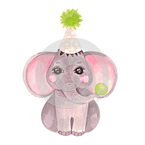 Watercolor illustration of cute baby elephant birthday, party, show. Safari Safari animal clip art for invitations, baby