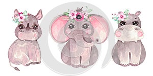 Watercolor illustration of a cute baby elephant, hippo, rhino Safari animal clip art for invitations, baby shower