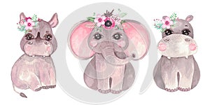 Watercolor illustration of a cute baby elephant, hippo, rhino Safari animal clip art for invitations, baby shower photo