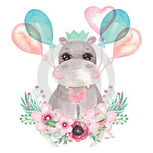 Watercolor illustration of a cute baby Hippo Festive character in a crown, floral arrangement, air balloon Safari animal