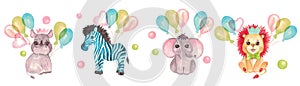 Watercolor illustration of a cute baby lion cub, Zebra, rhinoceros, elephant Festive character in a crown, bow, air