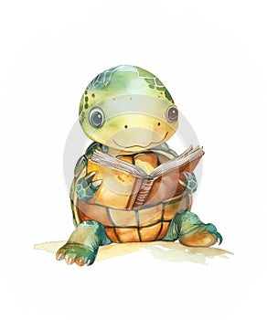 Watercolor illustration of a cute baby turtle reading a book.