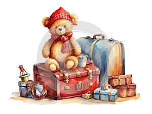 Watercolor illustration of cute bear toy and boxes on white