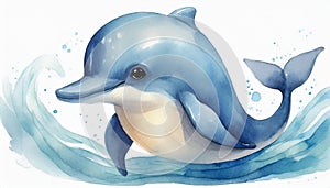 Watercolor illustration of cute blue dolphin. Adorable sea animal. Marine creature. Hand drawn