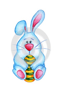 Watercolor illustration of a cute blue Easter bunny holding a painted egg.