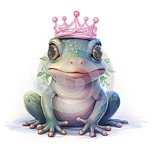 watercolor illustration of cute cartoon frog wearing a crown