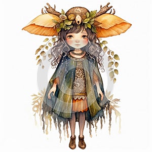 Watercolor illustration of a cute cartoon little druid girl with a crown. Generative AI