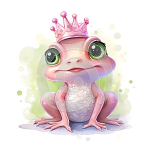 watercolor illustration of cute cartoon pink frog wearing a crown