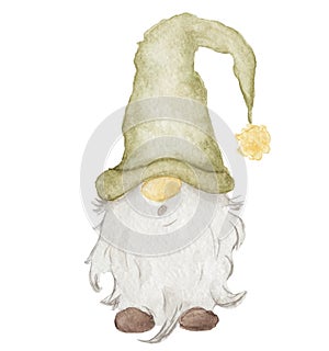 Watercolor illustration of cute christmas gnome in green hat isolated on white background photo