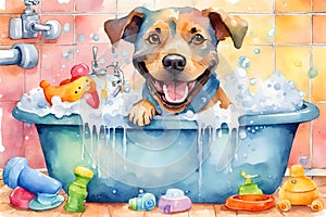 Watercolor illustration of a cute dog in the bathtub, surrounded by toys.