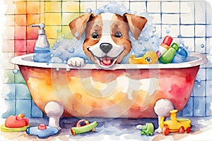 Watercolor illustration of a cute dog in the bathtub, surrounded by toys.