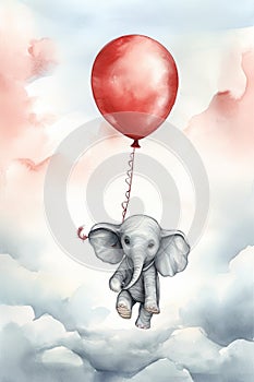 Watercolor illustration of a cute elephant holding a balloon and floating in the sky