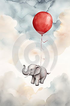 Watercolor illustration of a cute elephant holding a balloon and floating in the sky