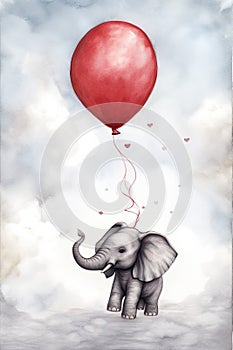 Watercolor illustration of a cute elephant holding a balloon and floating in the sky