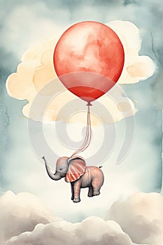 Watercolor illustration of a cute elephant holding a balloon and floating in the sky