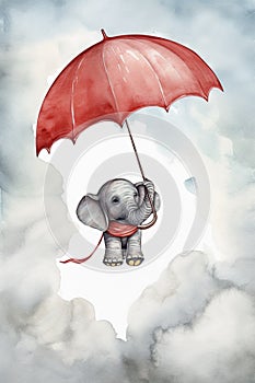 Watercolor illustration of a cute elephant holding an umbrella and floating in the sky