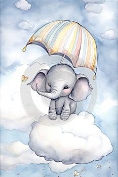 Watercolor illustration of a cute elephant holding an umbrella and floating in the sky