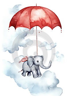 Watercolor illustration of a cute elephant holding an umbrella and floating in the sky