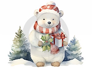 Watercolor illustration of cute festive winter polar bear