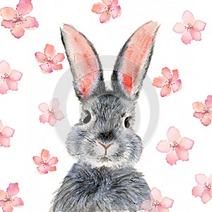 Watercolor illustration of a cute fluffy grey rabbit