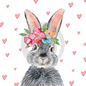 Watercolor illustration of a cute fluffy grey rabbit with pink ears