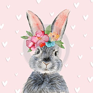 Watercolor illustration of a cute fluffy grey rabbit with pink ears