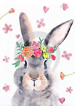 Watercolor illustration of a cute fluffy grey rabbit with pink ears