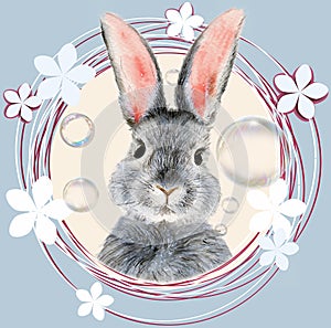 Watercolor illustration of a cute fluffy grey rabbit