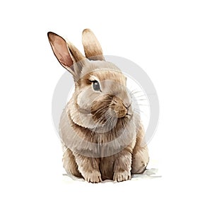 Watercolor illustration of a cute fluffy grey rabbit in a white background