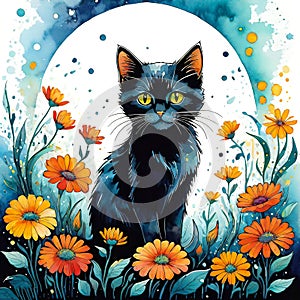 watercolor illustration, cute fluffy kitten surrounded by flowers, art background for design, giclee for interior