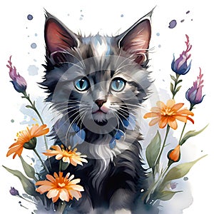 watercolor illustration, cute fluffy kitten surrounded by flowers, art background for design, giclee for interior