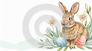 Watercolor illustration of a cute fluffy rabbit sitting on spring field with colorful decorated Easter eggs hiding in the grass