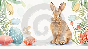 Watercolor illustration of a cute fluffy rabbit sitting on spring field with colorful decorated Easter eggs hiding in the grass