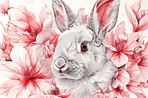 Watercolor illustration of a cute fluffy white rabbit with pink flowers. Happy Easter. Floral vintage card