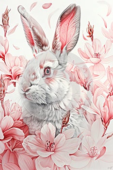 Watercolor illustration of a cute fluffy white rabbit with pink flowers. Happy Easter. Floral vintage card