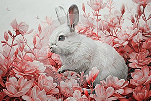 Watercolor illustration of a cute fluffy white rabbit with pink flowers. Happy Easter. Floral vintage card