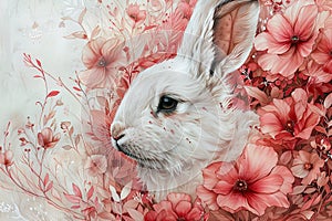 Watercolor illustration of a cute fluffy white rabbit with pink flowers. Happy Easter. Floral vintage card