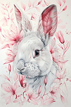Watercolor illustration of a cute fluffy white rabbit with pink flowers. Happy Easter. Floral vintage card