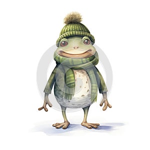 Watercolor illustration of a cute frog wearing a knitted hat, scarf on a white background.